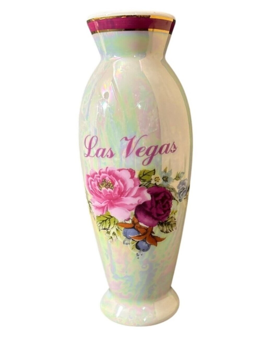 Vintage Las Vegas Souvenir Bud Ceramic Vase Glossy Floral Bouquet Pink Red Decor - Picture 6 of 8